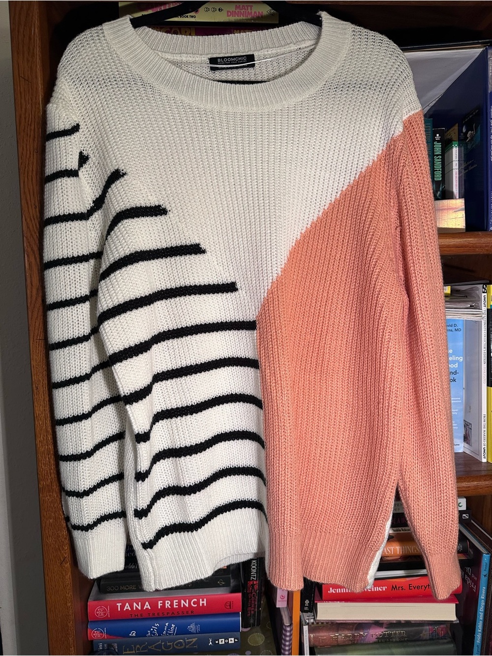 BloomChic Peachy/Pink, White & Black Striped Colorblock Crew Sweater